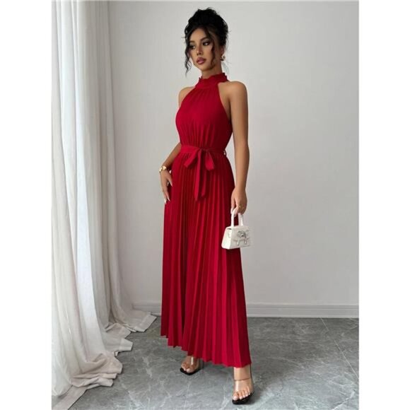 Pleated Halter Neck Tie Waist Maxi Dress - Picture 7 of 8